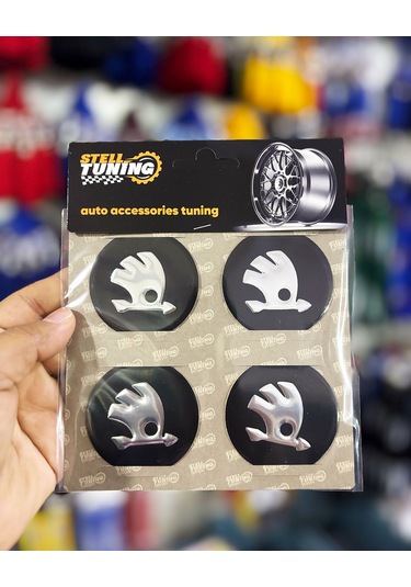 Universal Araç Uyumlu, Skoda Jant Göbeği Arması, Sticker 4'lü Set 60mm Gümüş