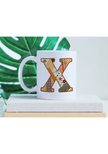 X Harfi Sonbahar Kış Temalı Yamalı Tasarım Kupa Bardak - Etnik Ve Pathwork Severlere Özel Hediye Beyaz