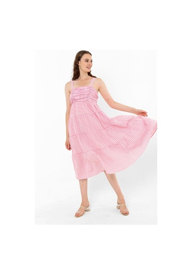 Askılı Pötikare Desenli Yazlık Midi Boy Kadın Elbise 1300