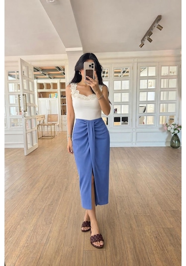 Lijuri Drape Detaylı Anvelop Etek 4089 İndigo