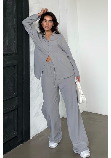 Madmext Boyalı Gri Keten Kadın Gömlek Pantolon İkili Takım Mg2356 Boyalı Gri