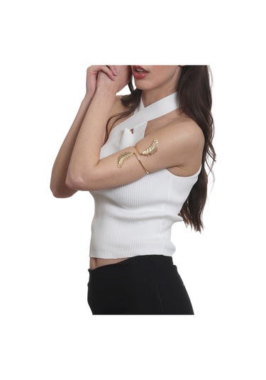 Labalaba Kadın Lak Altın Renk Kaplama Yaprak Detaylı Pazu Bandı Bileklik, Üst Kol Aksesuarı Altın