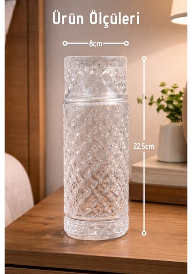 El Yapımı Cam, Kafes Modelli Başucu Sürahisi - 730ml. Bardaklı Sürahi