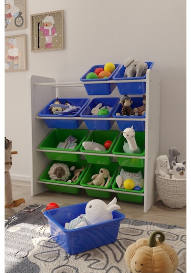 12 Sepetli Çok Amaçlı Oyuncak Dolabı Montessori Dolap Mavi-yeşil Mavi - Yeşil