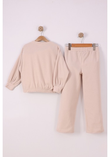 Monox Kız Çocuk Trend Nakışlı Tarz Fitilli Polar Takım Bej