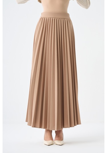 Basic Örme Pliseli Krep Bej Etek 001