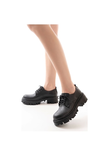 Siyah Bağcıklı Günlük Yüksek Tabanlı Loafer Ayakkabı Siyah