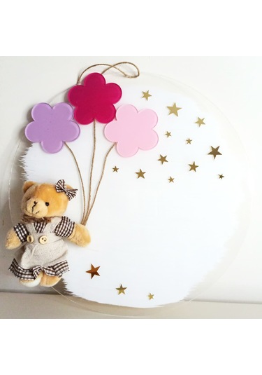 Kişiye Özel İsimli Ayıcıklı Kız Bebek Kapı Süsü Beyaz - Pembe