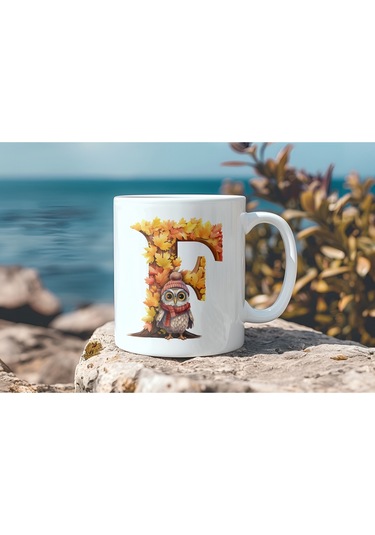 F Harf Sonbahar Yaprak Temalı Kupa Bardak - Sevimli Figürler İle Alfabe Harfli Bardak - Kişiye Özel Beyaz