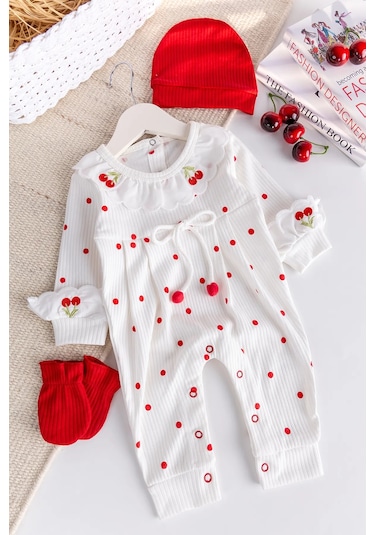 Kiraz İşlemeli Pamuklu Kız Bebek Tulum Kırmızı