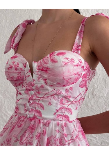 Kadın Çiçek Desenli Pembe Elbise Pembe