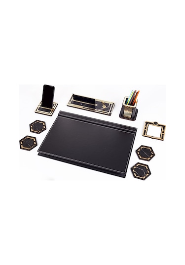 Roxy Siyah Deri Sümen Takımı Gold Mermer Desen Ahşap İsim Yazılı Masa İsimliği Masaüstü İsimlik Seti