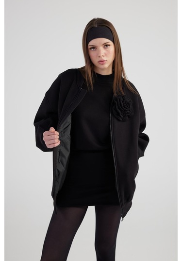Holly Lolly Oversize Çıkarılabilir Gül Detaylı Astarlı Alexa Bomber Ceket Siyah