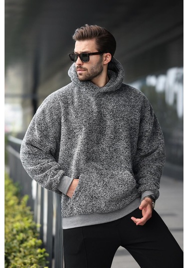 Gri Peluş Kapüşonlu Erkek Sweatshirt 6050 Gri