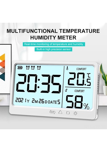 Youtek Beyaz Usb Şarjlı Lcd Ekranlı Dijital Hava Nem Ve Sıcaklık Ölçer - Saat, Tarih, Alarm Ve Işık Fonksiyonlu Ev Ofis Tespit Cihazı