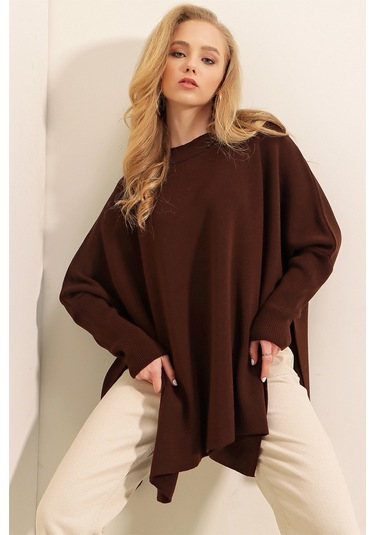 Bigdart 15783 Yırtmaçlı Panço Kazak - Kahverengi 001