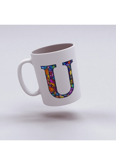 U Harfi Bardak 330 Ml İsme/harfe Özel Hediye, Renkli Harf Tasarım Beyaz