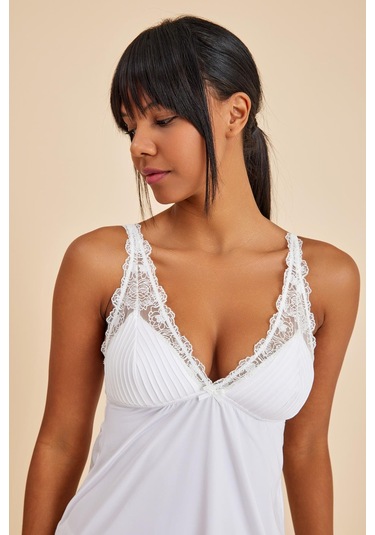 Paris Ekru Dantelli Kumaş Gecelik Ekru