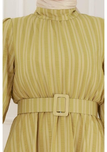 Kolu Volanlı Kemerli Henna Elbise-hardal-5061 Hardal