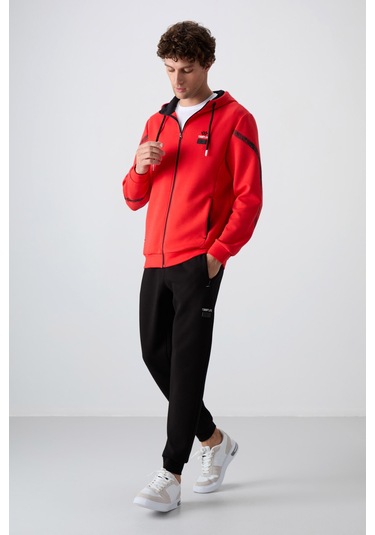 Tommy Life Fiesta - Siyah Pamuklu Kalın Yumuşak Dokulu Comfort Fit Baskılı Erkek Eşofman Takım - 85236 Kırmızı - Siyah