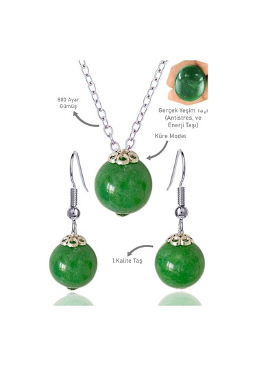 Sertifikalı Küre Orijinal Yeşim Taşı Kolye Ve Küpe Seti - Gümüş A Çok Renkli