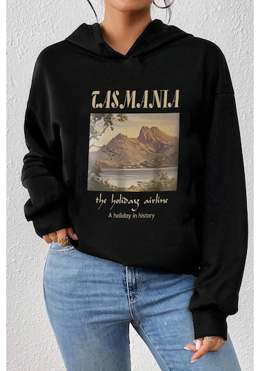 Unisex Oversize Tasmania Baskılı Sweatshirt Siyah