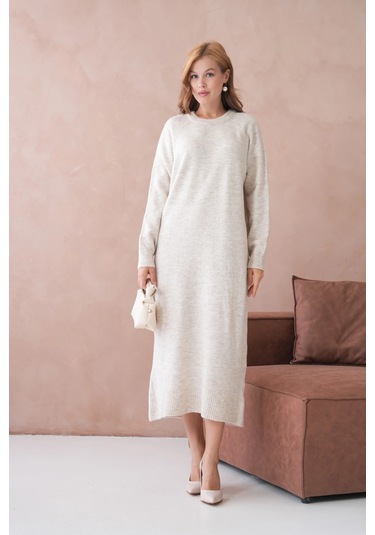 Kadın Bisiklet Yaka Yumuşak Dokulu Maksi Boy Şardonlu Oversize Triko Elbise 8324sw Taş