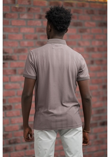 Regular Fit Likralı Kendinden Çizgili Polo Yaka T-shirt Vizon