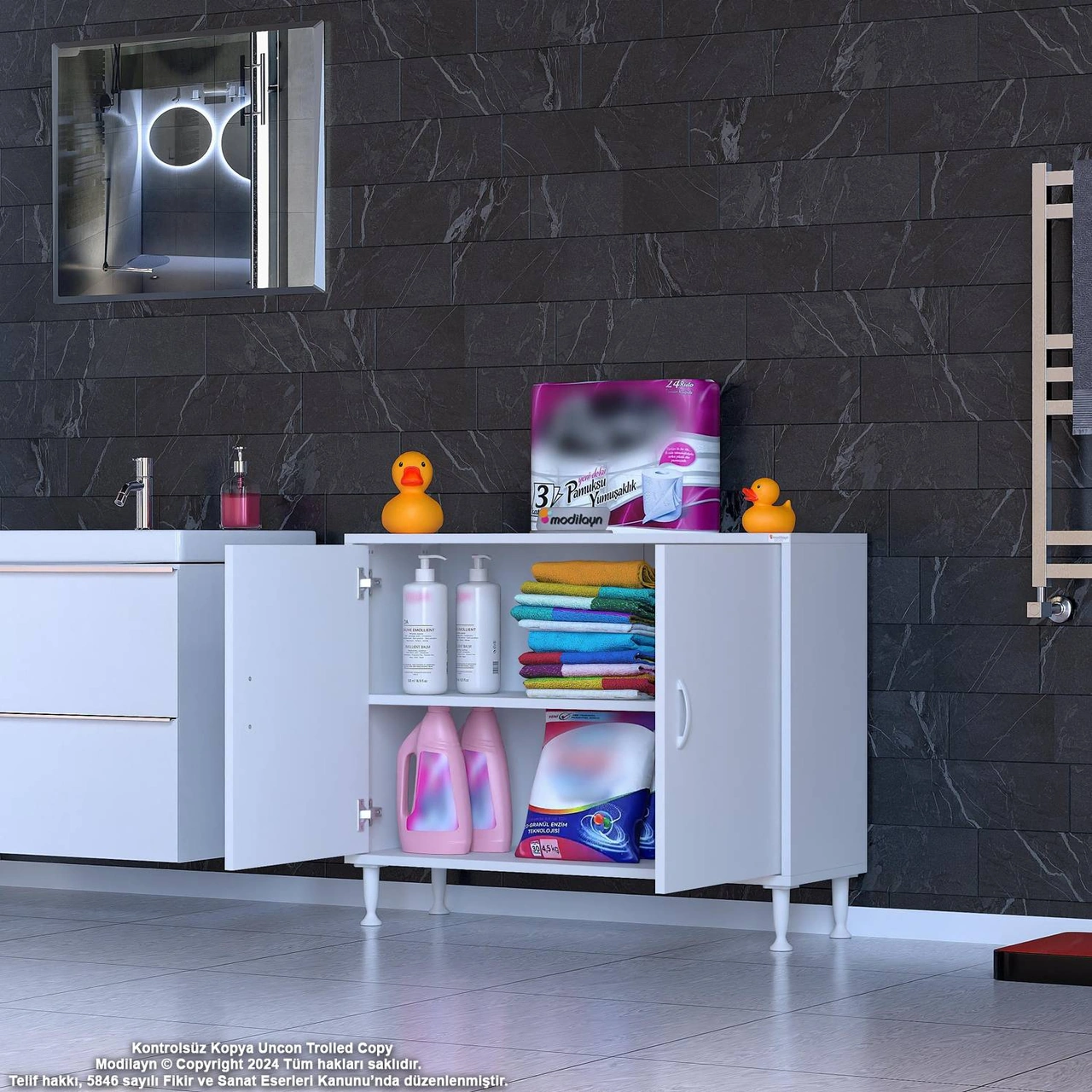 Efil Dolap Dar Alanlar İçin Çok Amaçlı Dolap 2 Kapaklı 2 Göz Raf Dolap 100x75x32,5 Cm Beyaz