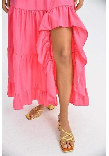 Audrey Fıfrlı Yırtmaç Detay Etek 4037 Fuşya