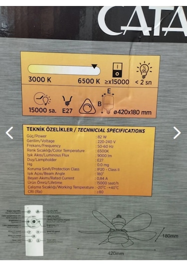 Cata Karayel Fan Led Işıklı Vantilatör 82w Kumandalı Ampul Ct- 11