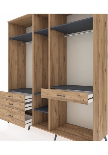 Kronos Dolap 7 Raflı 4 Çekmeceli 3 Askılı 220x59x243 Çam-antrasit/çam Antrasıt/atlas Çam