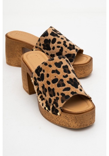 Pull Siyah Sarı Desenli Hakiki Deri Kadın Platform Topuklu Terlik Leopar
