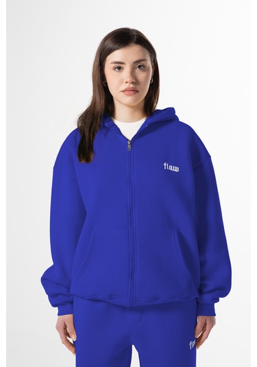 Flaw Nakışlı Zip Hoodie-28830 Saks Mavi