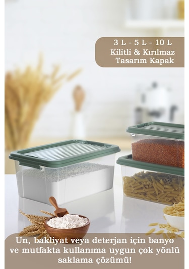 3'lü Kilit Kapak 3-5-10 Lt Erzak Saklama Kabı Çok Amaçlı Düzenleyici Kutu Deterjan Un Bakliyat Kabı Yeşil