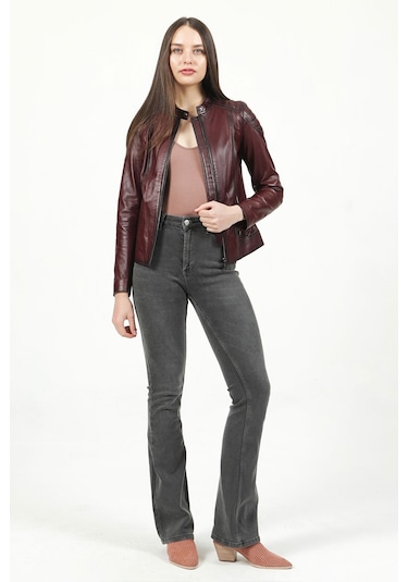 Dericlub Yb-2156 Gerçek Deri Kadın Mont Bordo