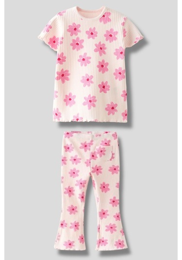 Kız Çocuk Pembe Çiçek Desenli Fitilli Kumaş T-shirt Tayt İspanyol Alt Üst Takım Pembe