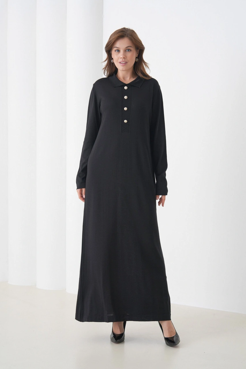 Kadın Uzun Kol Gömlek Yaka Triko Önden Düğmeli Triko Spor Şık Elbise Siyah