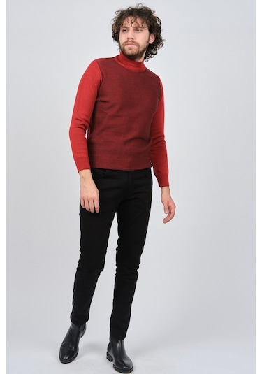 Çizgi Triko Erkek Yarım Balıkçı Yaka Desenli Kazak 42564229 Bordo Bordo