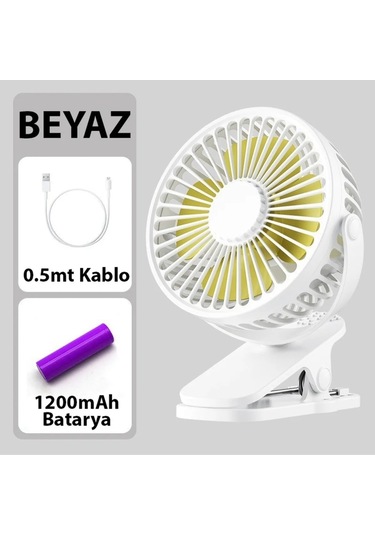 3 Kademe Şarjlı Mandallı 360 Taşınabilir Fan Vantilatör Jh-006 Beyaz