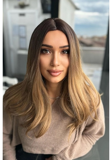 Caş Dekorasyon Kahverengi Ve Sarı Ombreli Dalgalı Peruk Kahverengi