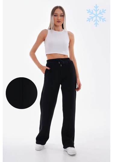 Kallima Çımalı Siyah Kışlık Şardonlu Yüksek Bel Bol Paça Eşofman Siyah