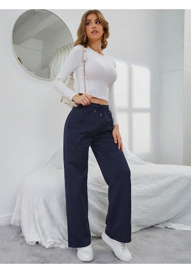 Kallima Kışlık Polarlı Yüksek Bel Lacivert Bol Paça Eşofman Altı Siyah