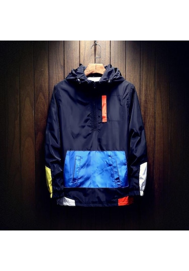 İlkbahar Sonbahar Patchwork Sokak Ceketler Erkekler Kapşonlu Rahat Arrı Baskı Rüzgarlık Ceket Erkek Hip Hop Ceket Homme Lacivert