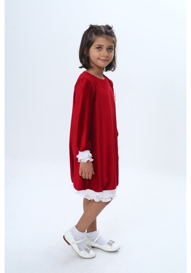 Toontoy Kız Çocuk Kadife Fırfır Detaylı Elbise Kırmızı