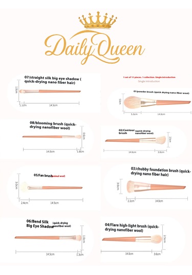 Daily Queen Yüksek Kalite 11 Li Şanpanmay Renk Makyaj Fırça Seti