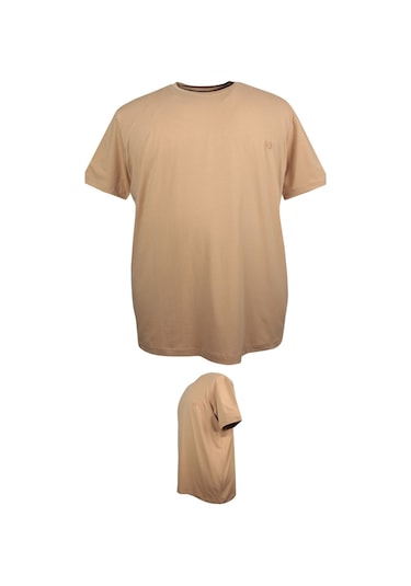 Battal Boy % 100 Pamuk 115 Kilo-150 Kilo Arası İçin Uygun Bedenli Bisiklet Yaka Düz Tişört Bej Bej