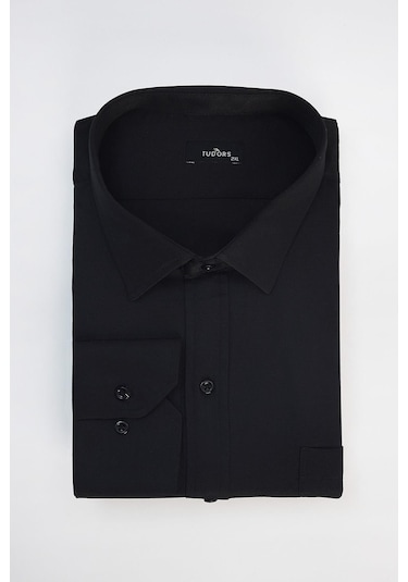 Erkek Big Size Büyük Beden Pamuklu Kolay Ütü Armürlü Siyah Gömlek -32073-siyah Siyah