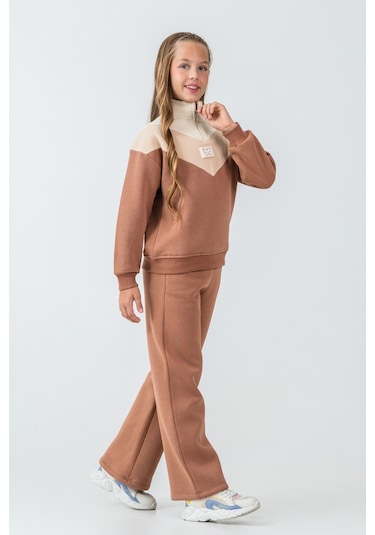 Kız Çocuk Kelebek Detaylı Yarım Fermuarlı 3 İplik Kalın Kışlık Eşofman Takımı Ak4233 Kahverengi