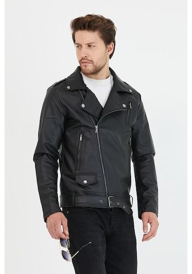 Erkek Siyah Yeni Sezon Çapraz Fermuarlı Kemerli Deri Ceket Mont-Siyah